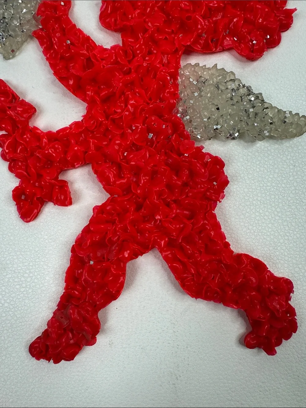 Vintage Red Cupid melted popcorn Wall hanging sparkle Silver Heart & wings